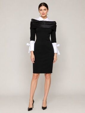 Vicky & Lucas - Off Shoulder Dress w/ Built-in White Shirt Collar & Sleeves SzL